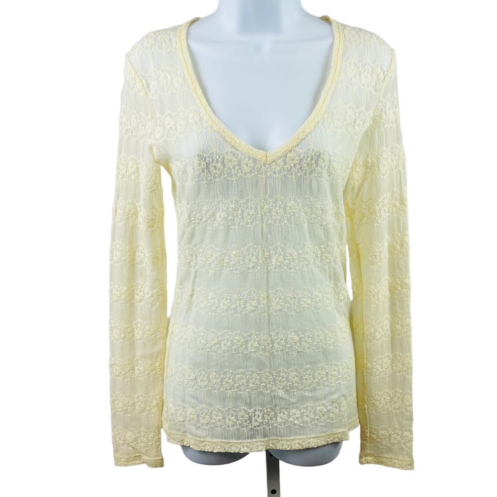 BKE Boutique Cream Lace Stretch Long Sleeve Fitted Sheer Layering Top S